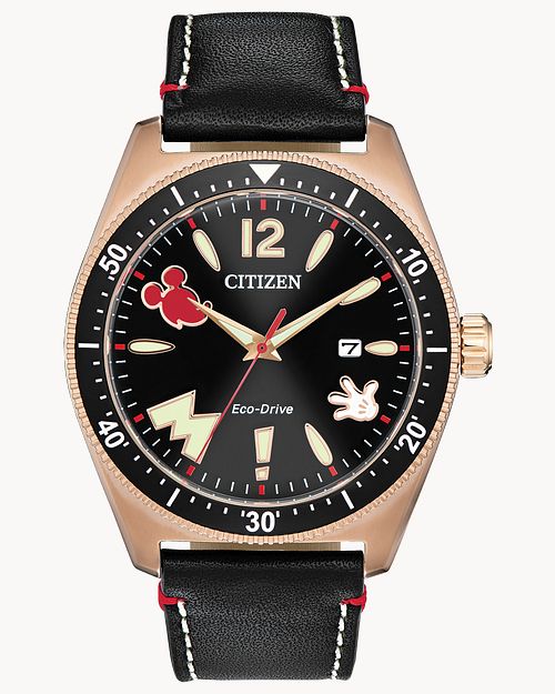 Load image into Gallery viewer, Citizen Mickey Mouse Black Dial Leather Strap Watch AW1596-08W
