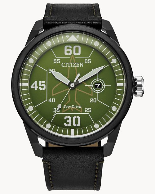 Load image into Gallery viewer, Citizen Avion Green Dial Leather Strap Watch AW1735-03X
