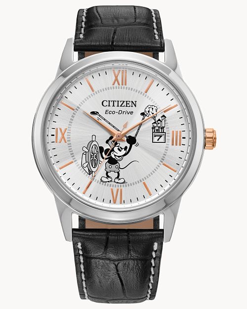 Citizen Steamboat Willie Silver-Tone Dial Leather Strap Watch AW1781-49W