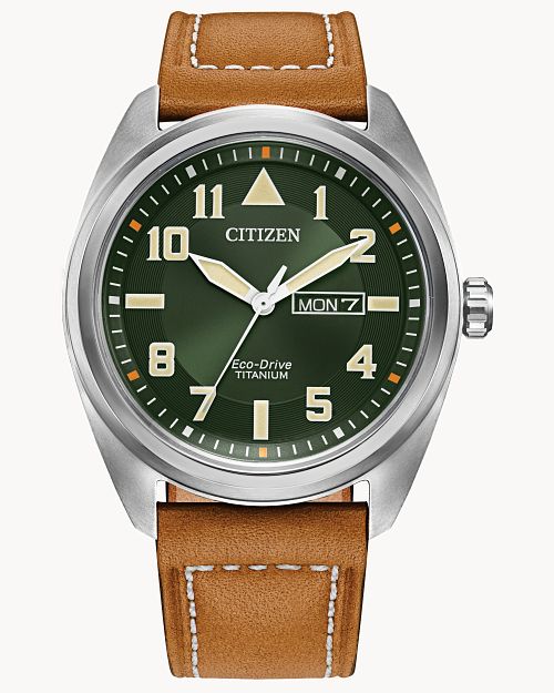Load image into Gallery viewer, Citizen Garrison Green Dial Leather Strap Watch BM8560-02X
