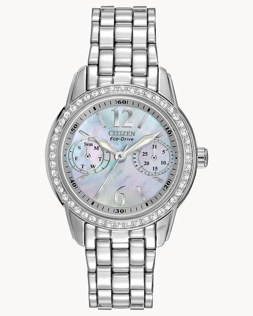 Citizen Silhouette Crystal Ladies Silver Steel Pearl Dial Watch FD1030-56Y