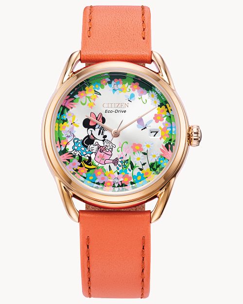 Load image into Gallery viewer, Citizen Gardening Minnie Silver-Tone Dial Leather Strap Watch FE6087-04W
