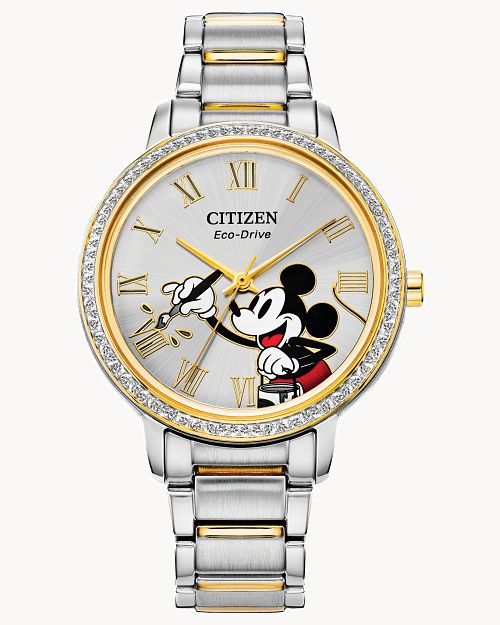 Citizen Mickey Crystal Silver-Tone Dial Stainless Steel Bracelet Watch FE7044-52W
