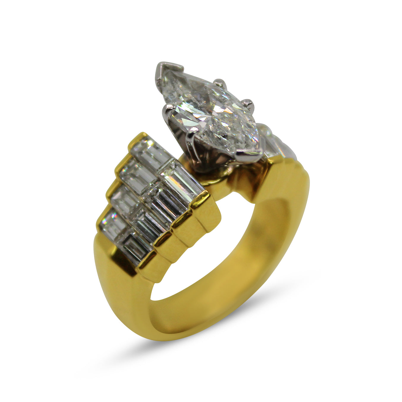 18k Yellow Marquise and Baguette Diamond Ring